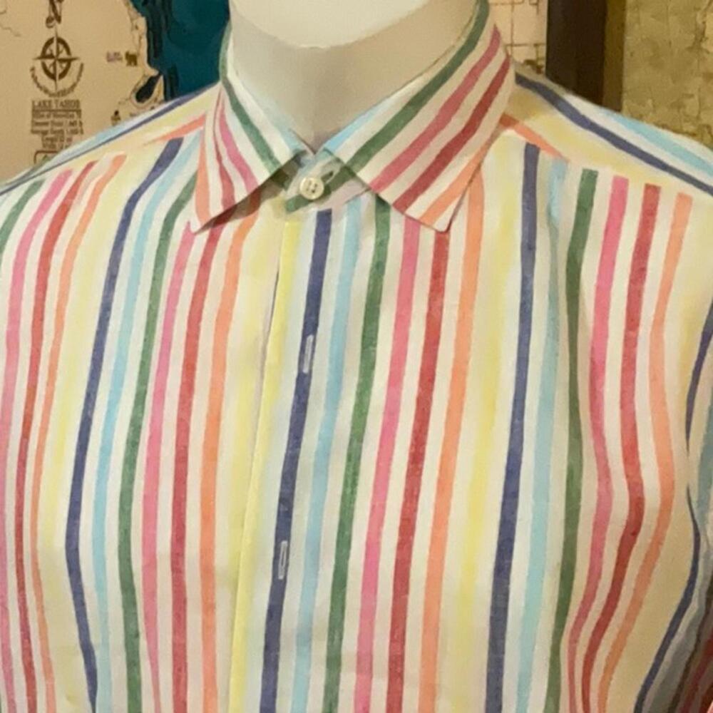 Daniel Cremieux Pastel Multi Striped Linen Button Down Shirt. XL. - Picture 2 of 8